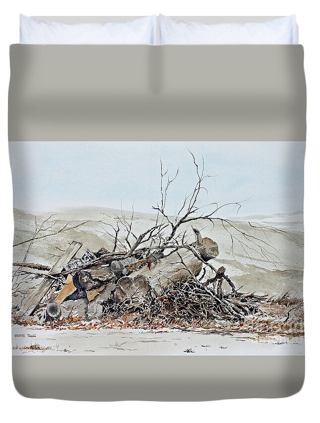 Cut Tree Trunks And Branches In A Pile Set At The Edge Of An Open Field In Winter. A Newspaper Is Caught Among The Branches. Duvet Cover featuring the painting Yesterday News by Monte Toon