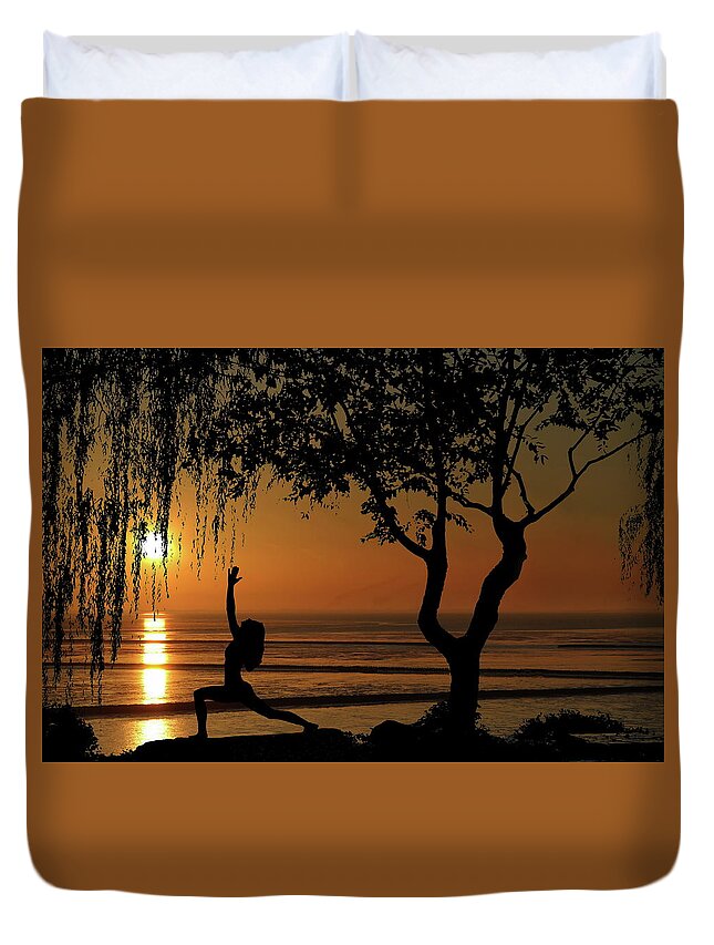 Yoga Duvet Cover featuring the photograph Yoga By the Bay at Sunset by Andrea Kollo