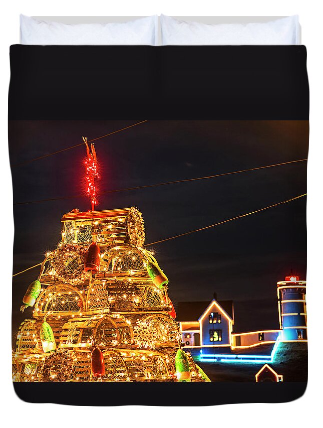 York Duvet Cover featuring the photograph York ME Nubble Lighthouse Lobster Trap Christmas Tree Cape Neddick by Toby McGuire