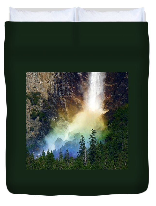 Bridalveil Fall Duvet Cover featuring the photograph Yosemite Bridalveil Fall Rainbow by Jeff Lowe