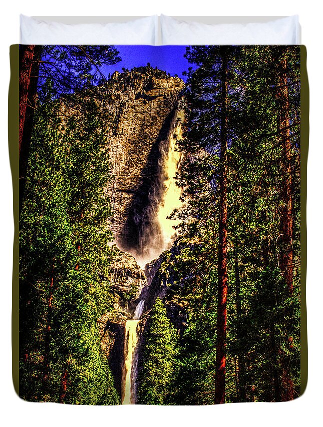 California Duvet Cover featuring the photograph Yosemite Falls Framed by Ponderosa Pines by Roger Passman