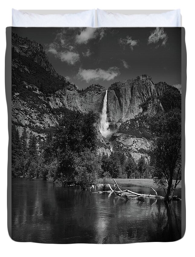 Yosemite Falls From Swinging Bridge Duvet Cover featuring the photograph Yosemite Falls from Swinging Bridge in Black and White by Raymond Salani III