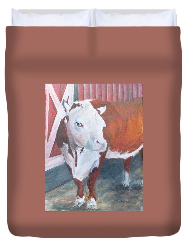 Cow Duvet Cover featuring the painting You Lookin At Me by Paula Pagliughi