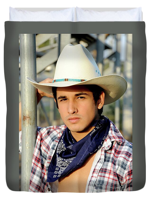 Cowboy Duvet Cover featuring the photograph Young Cowboy in White Cowboy Hat by Gunther Allen