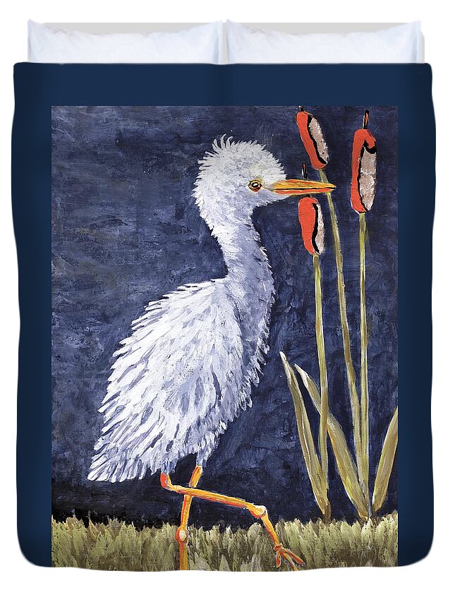Egret Duvet Cover featuring the painting Young Egret Takes a Walk by Suzanne Theis