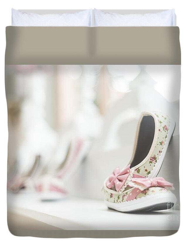 Baby Duvet Cover featuring the photograph Young Girl Shoes In Children Footwear Shop by JM Travel Photography