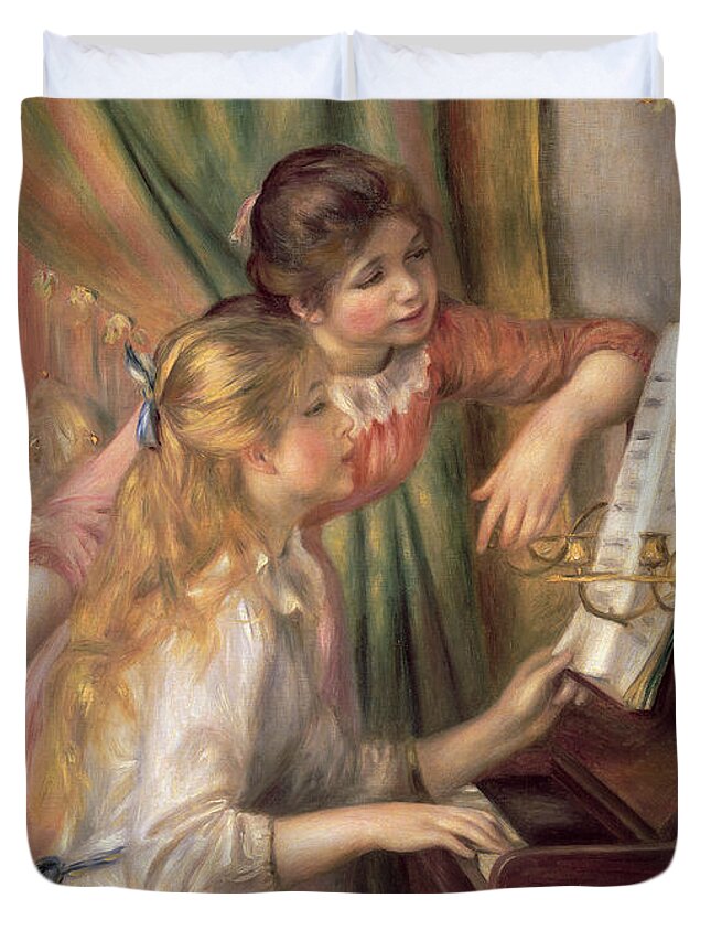 Young Duvet Cover featuring the painting Young Girls at the Piano by Pierre Auguste Renoir