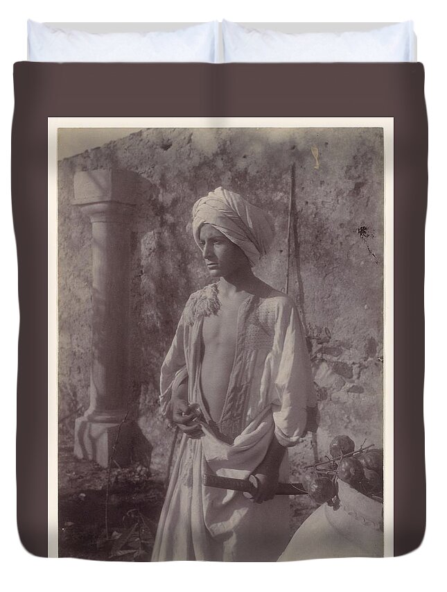 [young Man In White Robe And Head Gear Holding Scabbard Duvet Cover featuring the painting Young Man in White Robe and Head Gear Holding Scabbard by MotionAge Designs