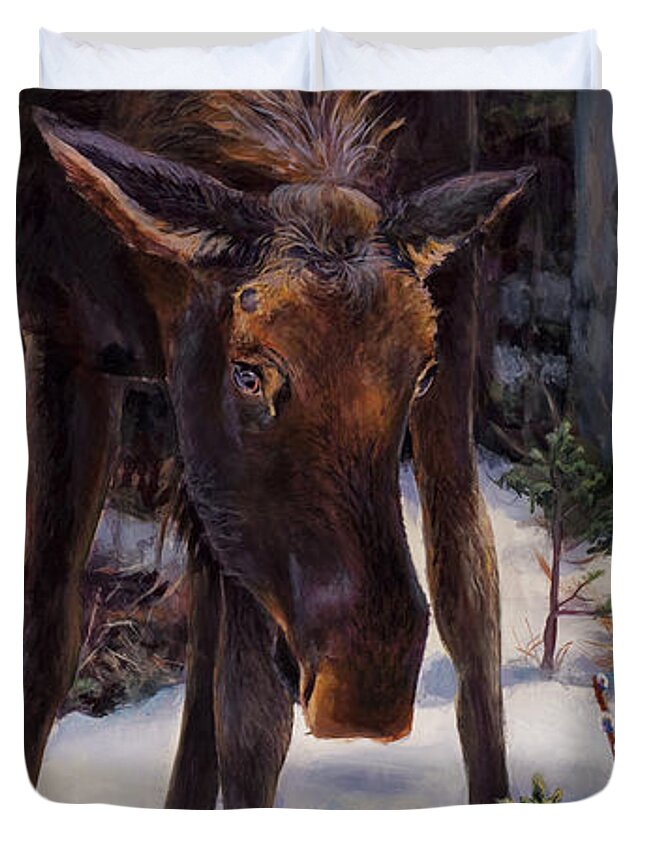 Alaskan Wildlife Duvet Cover featuring the painting Young Moose and Snowy Forest Springtime in Alaska Wildlife Home Decor Painting by K Whitworth