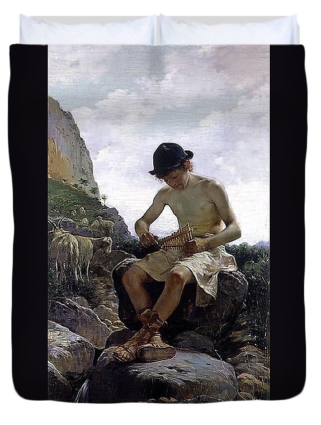 Juan Bela Y Morales Duvet Cover featuring the painting Young Shepherd by Juan Bela y Morales