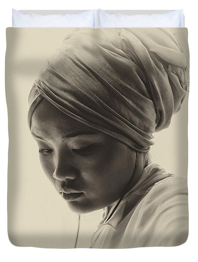 Young Woman Duvet Cover featuring the photograph Young woman in turban by Sheila Smart Fine Art Photography