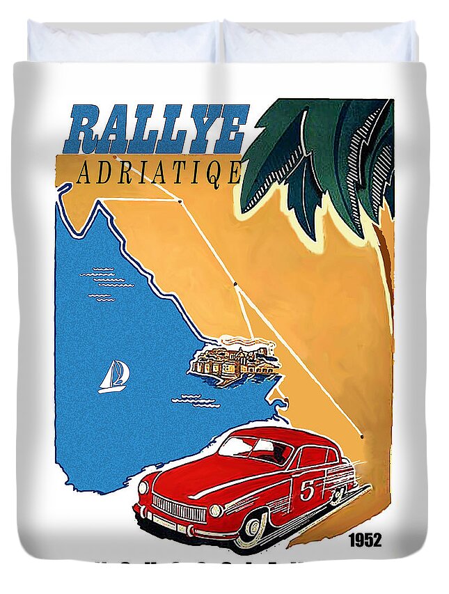 Yugoslavia Duvet Cover featuring the painting Yugoslavia, Adriatic rally, classic sport car by Long Shot