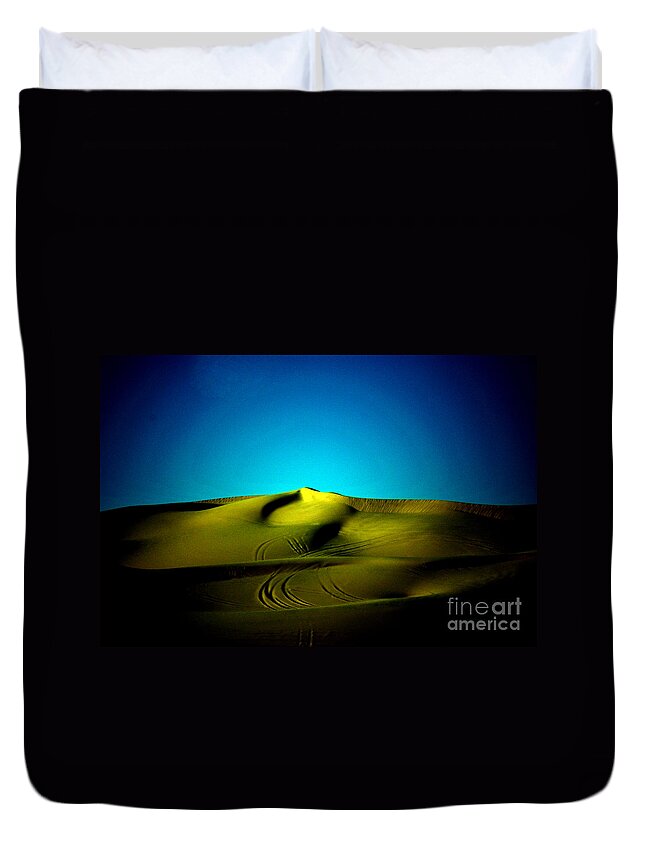 Algodones Duvet Cover featuring the photograph Yuma Dunes Number One Bright Blue and Yellow Fish Eye In Black by Heather Kirk
