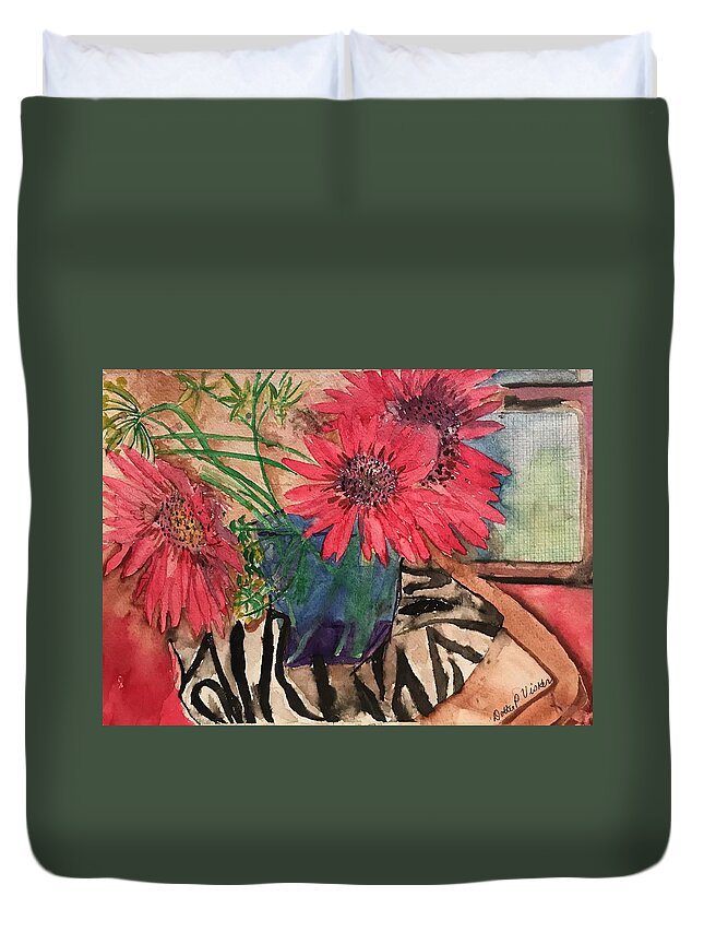 Watercolor Duvet Cover featuring the painting Zebra and Red Sunflowers by Dottie Visker