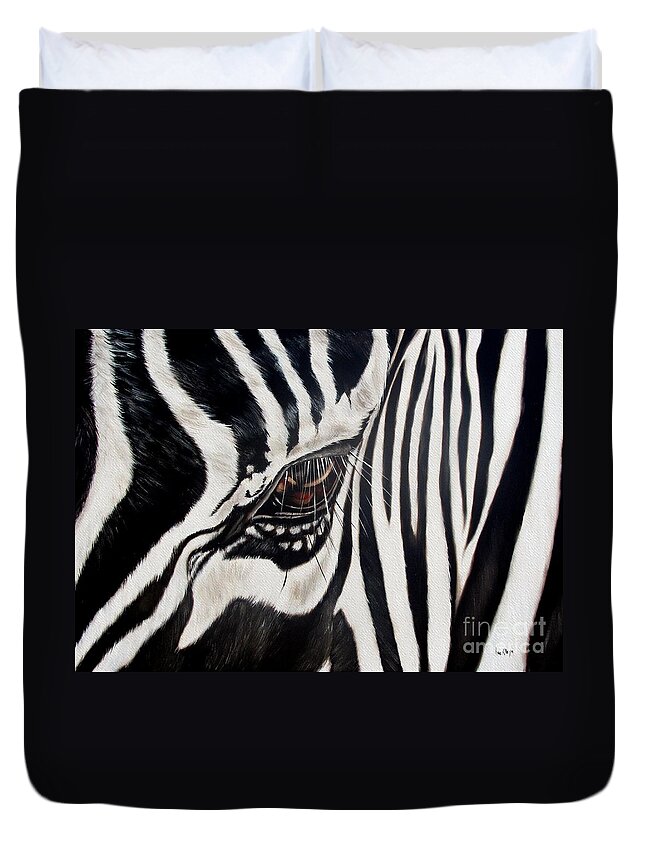 Zebra Duvet Cover featuring the painting Zebra Eye by Ilse Kleyn