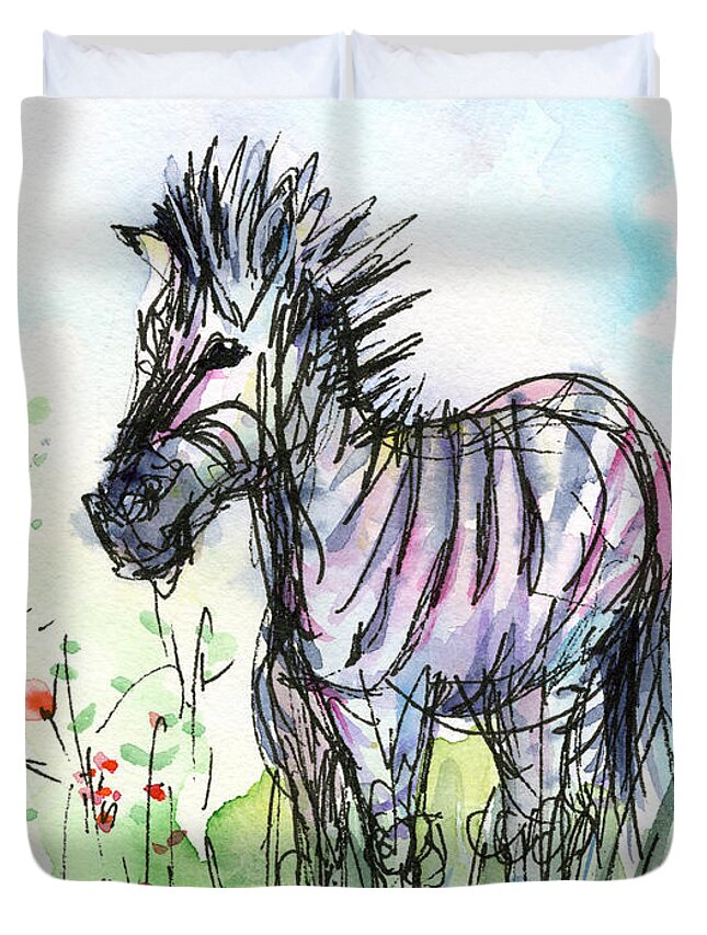 Zebra Duvet Cover featuring the painting Zebra Painting Watercolor Sketch by Olga Shvartsur