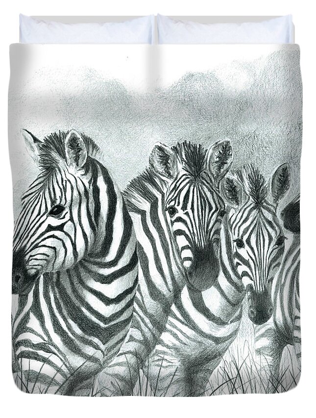 Zebras Duvet Cover featuring the drawing Zebra Quartet by Phyllis Howard