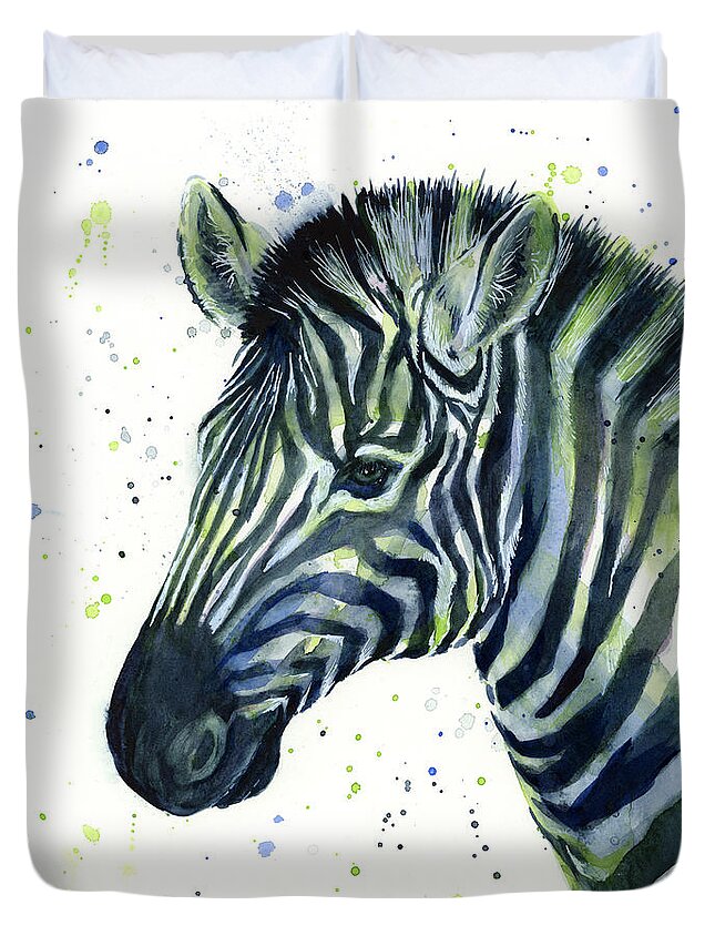 Zebra Duvet Cover featuring the painting Zebra Watercolor Blue Green by Olga Shvartsur