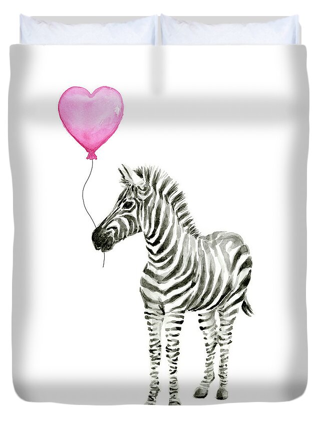 Zebra Duvet Cover featuring the painting Zebra Watercolor Whimsical Animal with Balloon by Olga Shvartsur