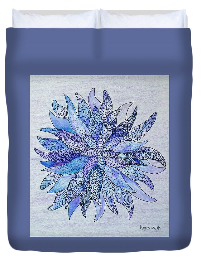 Flowers Duvet Cover featuring the drawing Zen flower mandala by Megan Walsh