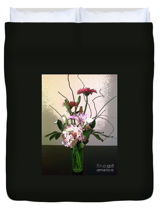 Flowers Duvet Cover featuring the digital art Zinnia and Lily by Karen Francis