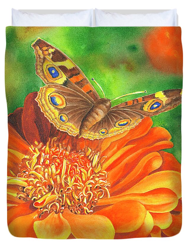 Zinnia With Butterfly Duvet Cover featuring the painting Zinnia Runway by Lori Taylor