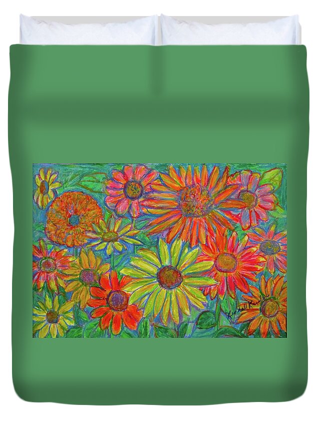 Flowers Duvet Cover featuring the drawing Zinnia Spin by Kendall Kessler