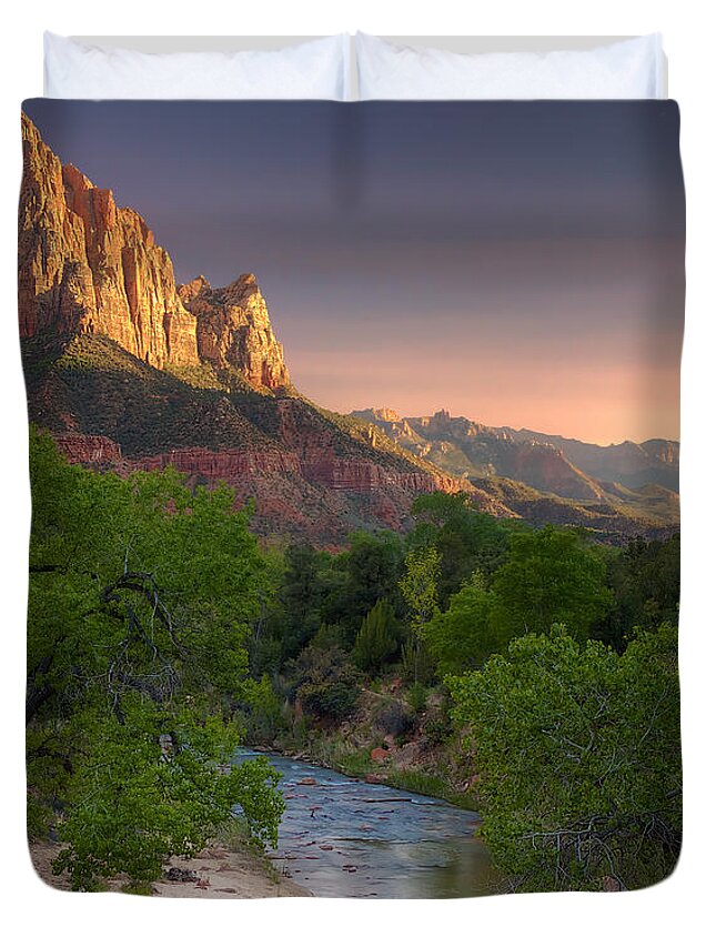 Zion Duvet Cover featuring the photograph Zion Canyon Sunset by Peter Kennett