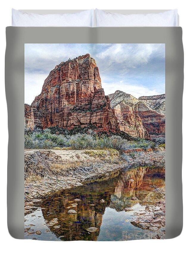 Angels Landing Duvet Cover featuring the photograph Zions National Park Angels Landing - Digital Painting by Gary Whitton