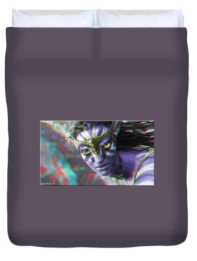 3d Duvet Cover featuring the photograph Zoe Saldana - Neytiri - Use Red and Cyan 3D glasses by Brian Wallace