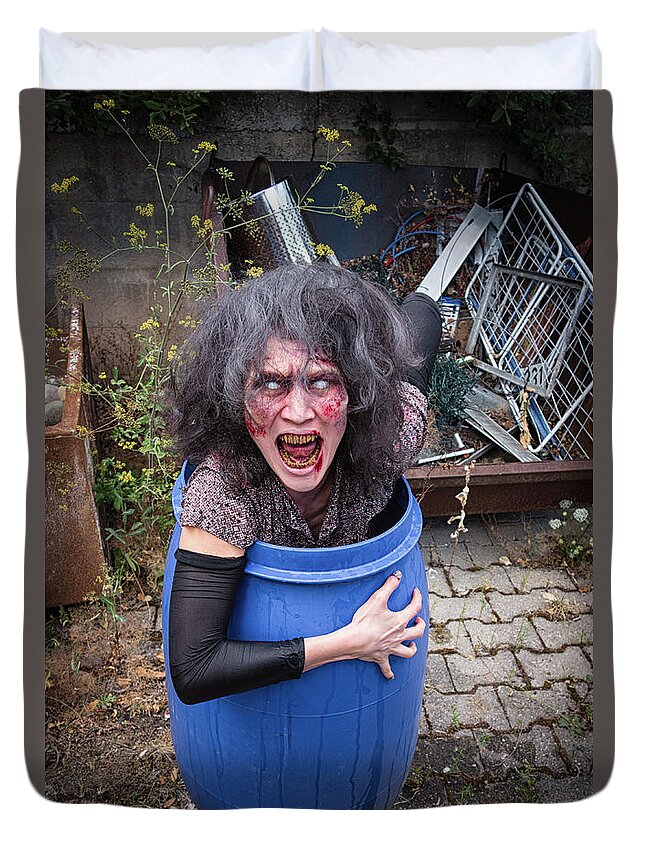 Zombie Duvet Cover featuring the photograph Zombie in barrel by Matthias Hauser