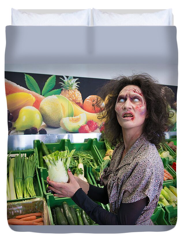 Zombie Duvet Cover featuring the photograph Zombie woman shopping vegetables by Matthias Hauser