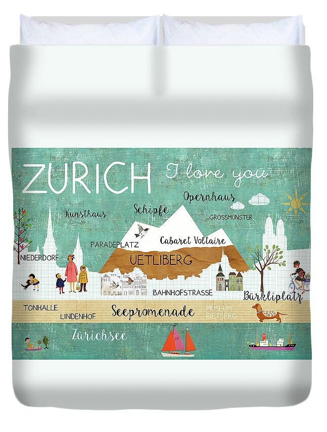 Zurich I Love You Duvet Cover featuring the mixed media Zurich I love you by Claudia Schoen