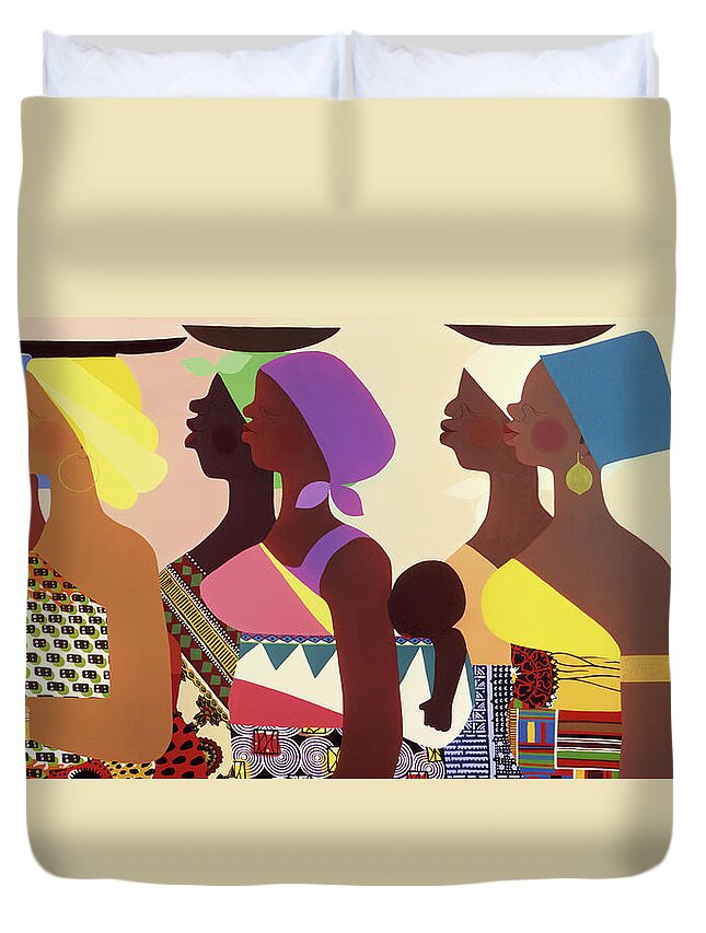 Figurative Duvet Cover featuring the painting African Women by Varnette Honeywood