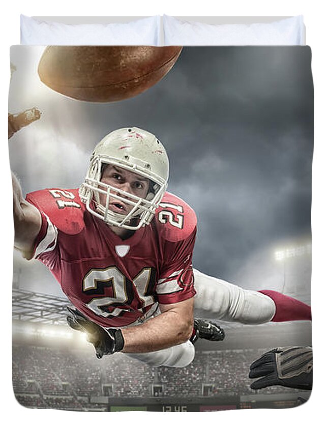 Soccer Uniform Duvet Cover featuring the photograph American Football Action #1 by Peepo