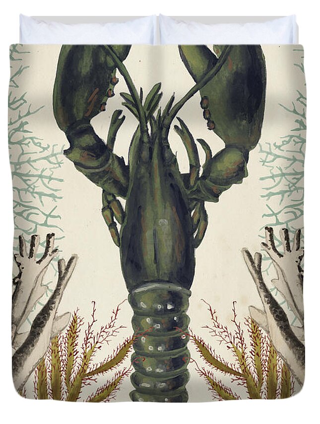 Coastal Duvet Cover featuring the painting Antiquarian Menagerie - Lobster by Naomi Mccavitt