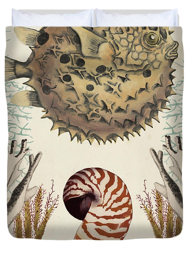 Coastal Duvet Cover featuring the painting Antiquarian Menagerie - Puffer Fish by Naomi Mccavitt