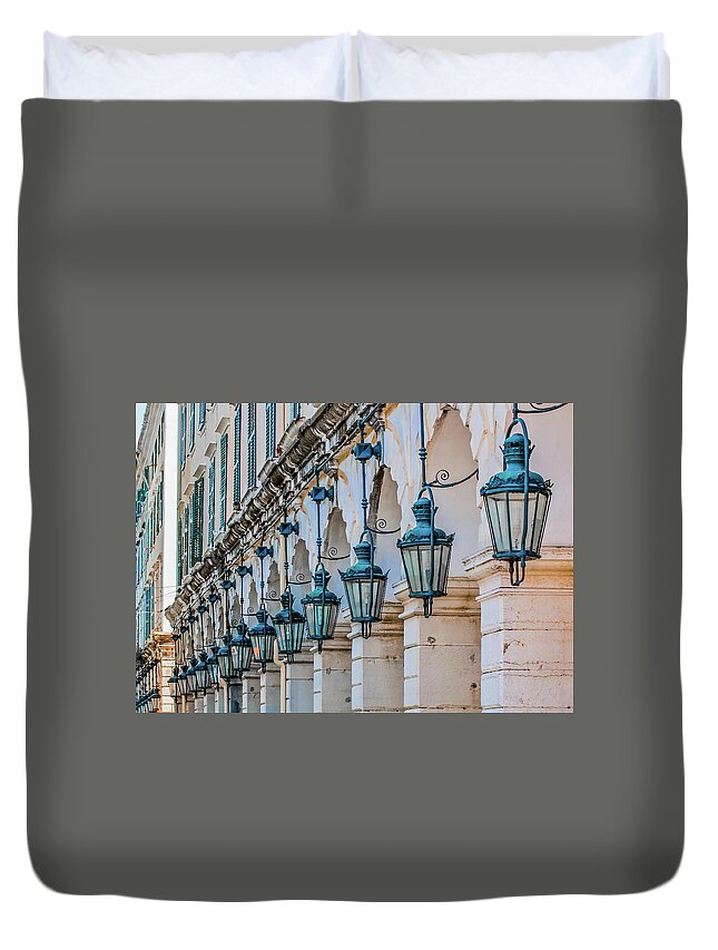 Arch Duvet Cover featuring the photograph Arches and Lamps in Greece #1 by Darryl Brooks
