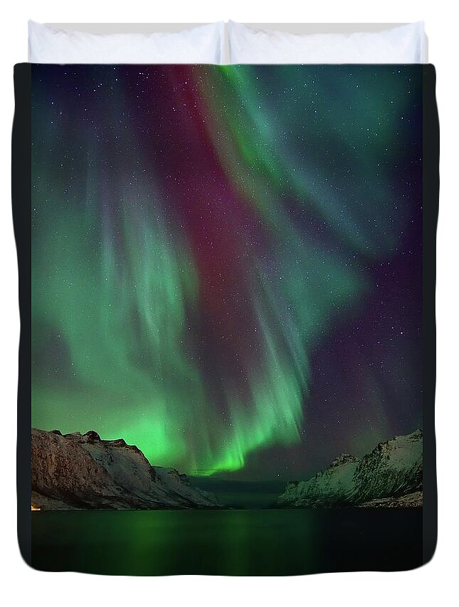 Scenics Duvet Cover featuring the photograph Aurora Borealis In Ersfjordbotn by John Hemmingsen