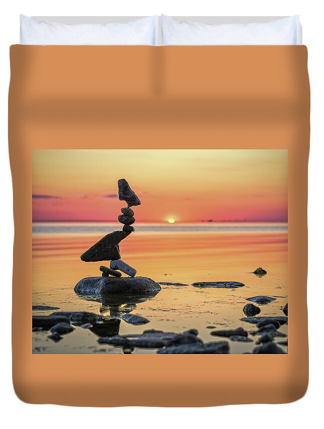 Meditation Zen Yoga Mindfulness Stones Nature Land Art Balancing Sweden Duvet Cover featuring the photograph Balancing art #6-2 by Pontus Jansson