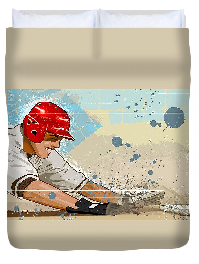Sports Helmet Duvet Cover featuring the digital art Baseball Player Sliding Into Base #1 by Greg Paprocki
