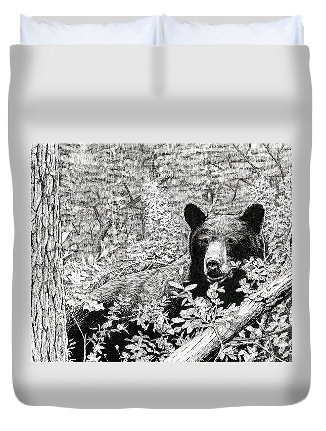 Bear Duvet Cover featuring the drawing Black Bear Boar #1 by Timothy Livingston