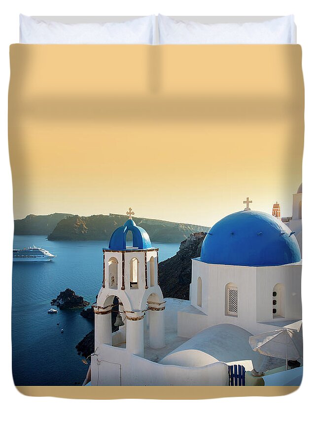 Greek Culture Duvet Cover featuring the photograph Blue Domed Churches At Sunset, Oia #1 by Sylvain Sonnet