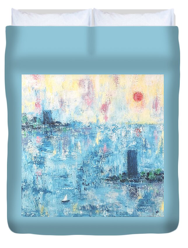 Boat Duvet Cover featuring the painting Boat in the Mist #1 by Victoria Lakes