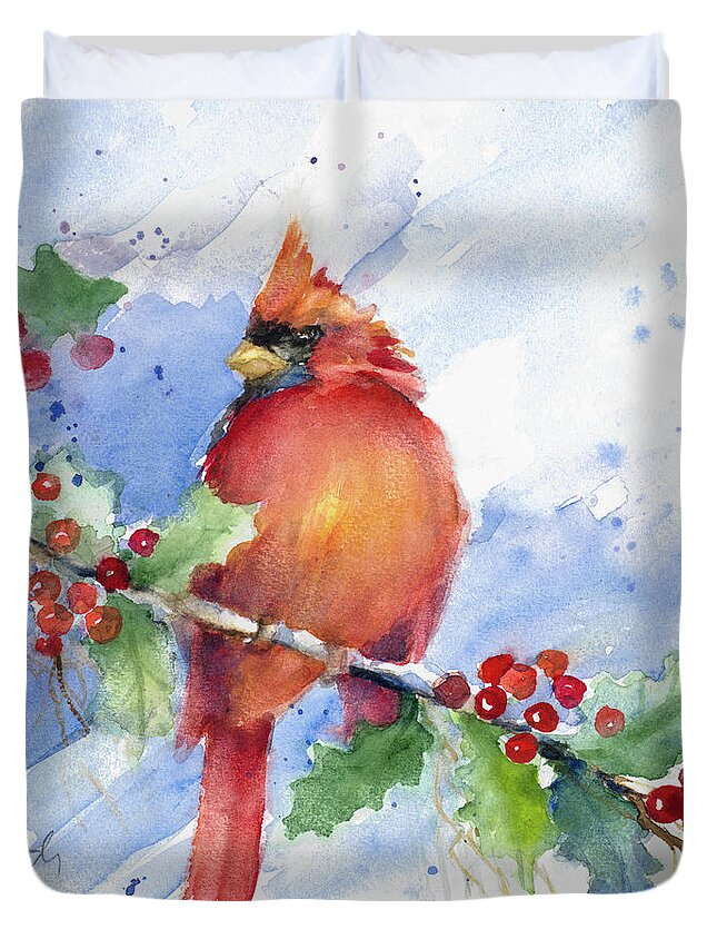 Cardinal Duvet Cover featuring the painting Cardinal On Holly Branch by Lanie Loreth