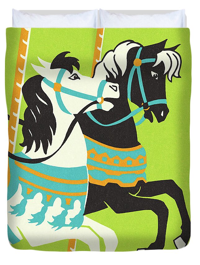 Amusement Park Duvet Cover featuring the drawing Carousel Horses #1 by CSA Images