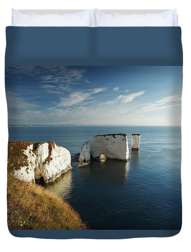 Scenics Duvet Cover featuring the photograph Chalk Cliffs And Sea Stacks #1 by James Osmond