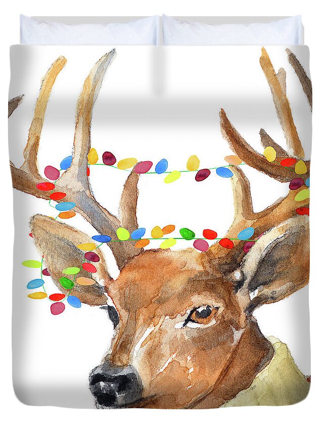 Christmas Duvet Cover featuring the painting Christmas Lights Reindeer Sweater by Lanie Loreth