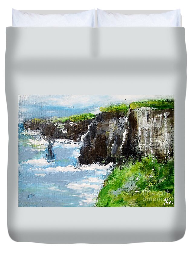 Cliffs Of Moher County Clare Ireland Duvet Cover featuring the painting Cliffs of moher painting ireland #1 by Mary Cahalan Lee - aka PIXI
