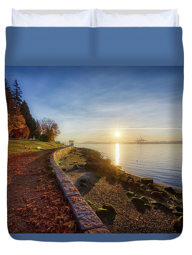 Autumn Duvet Cover featuring the photograph Colorful Autumn Sunrise at Stanley Park #1 by Andy Konieczny